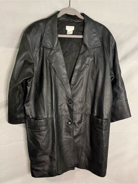 Vtg Tribeca Studio Leather Coat Womens Large Mid Length Black Minimalist Goth